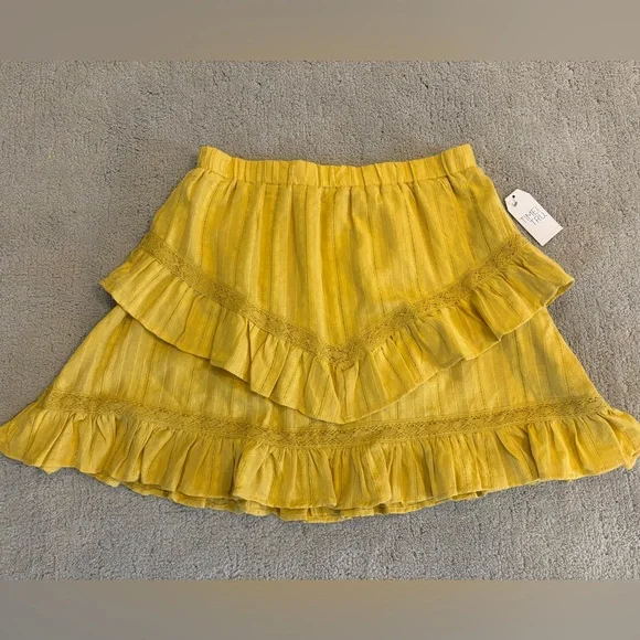 NWT Time Tru Asymmetrical Mustard Yellow Skirt Ruffle Tiered Summer Boho Lace - Picture 4 of 6